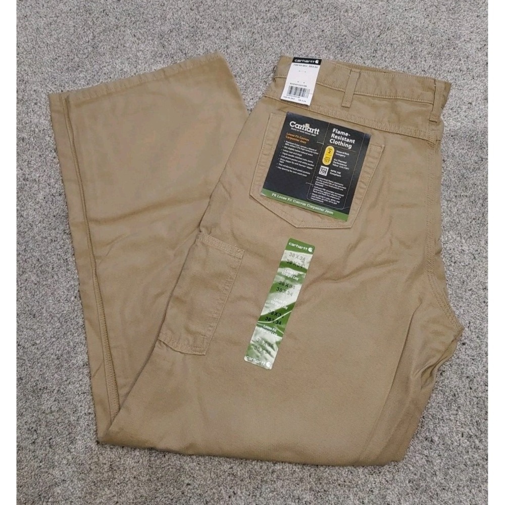 CARHARTT FR CAT2 Loose Fit Tan Canvas Carpenter Straight Leg Jean 38x34 FRB 159